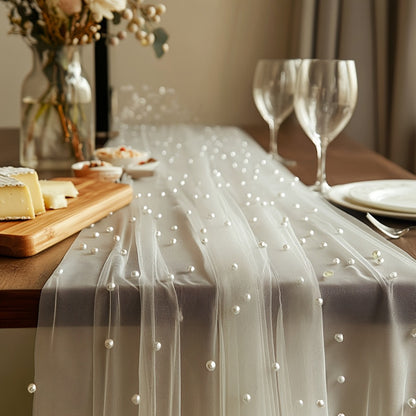 White Pearl Beaded Tulle Table Runner 2.5×9.8ft | Wedding Ceremony Backdrop, Birthday Party & Valentine's Day Romantic Decor, Sheer Mesh Fabric 3PCS