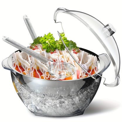 Stainless Steel Ice Chiller Salad Bowl with Lid and Serving Spoons – Large Refrigerated Veggie Fruit Tray with Ice Chiller Base for Party Entertaining Buffet Outdoor Picnic Food Display