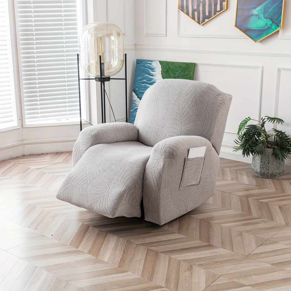 Recliner Chair Cover Slipcover 4-Piece Set – Leaf Jacquard Stretch Furniture Protector with Storage Pocket, Non-Slip Recliner Sofa Cover for Living Room, Machine Washable, 6 Colors Available