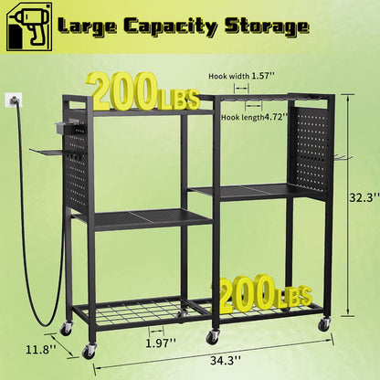 Mobile Tool Cart with Charging Station – 12 Drill Holders & 5 Storage Shelves Power Tool Organizer | Rolling Utility Rack Toolbox with Battery Charging Power Strip for Garage & Workshop | 4 Colors