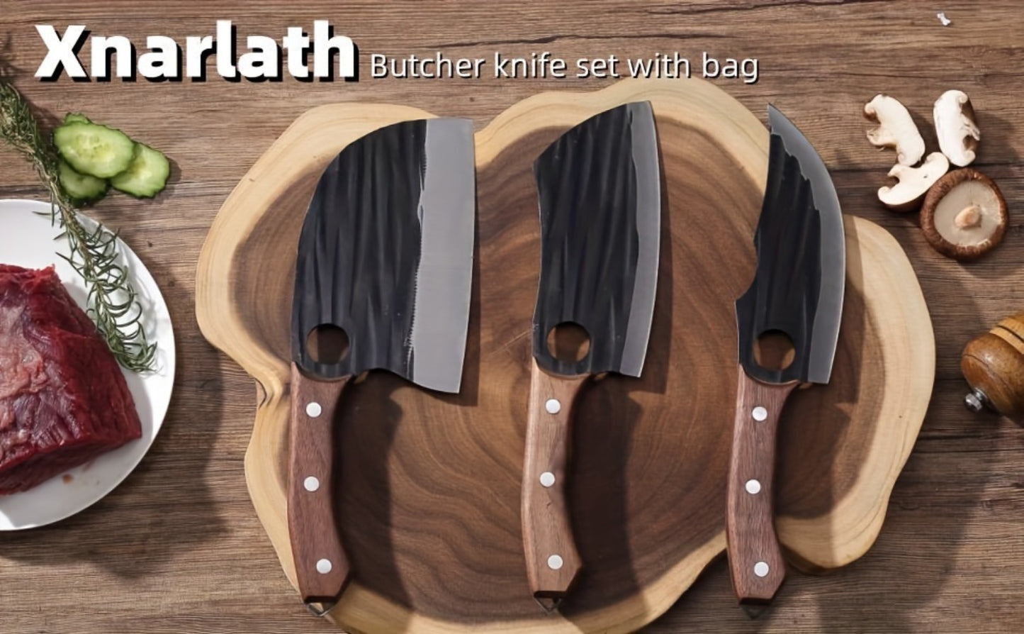 Viking Hand-Forged Butcher Knife Set – High Carbon Steel Meat Cleaver, Boning & Carving Knife, Vegetable Knife for BBQ & Camping, with Carrying Case