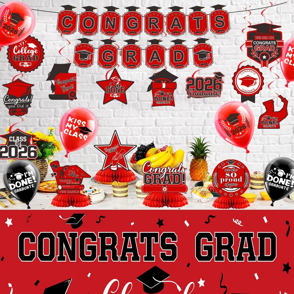 2026 Graduation Decorations Set – Congrats Grad Banner, Backdrop, Hanging Swirls & Honeycomb Table Toppers, Class of 2026 Party Supplies Kit