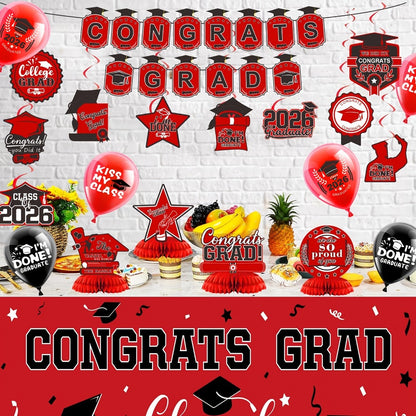 2026 Graduation Decorations Set – Congrats Grad Banner, Backdrop, Hanging Swirls & Honeycomb Table Toppers, Class of 2026 Party Supplies Kit