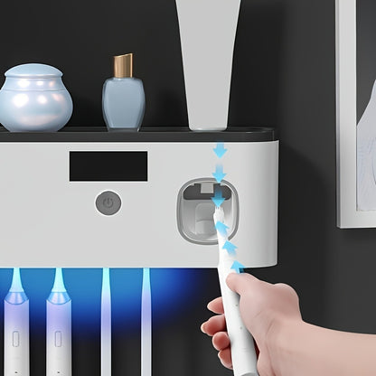 Toothbrush Holder Wall Mounted No Drill - 4-Slot Bathroom Toothbrush & Toothpaste Storage Rack, Modern Bathroom Organizer, Self-Adhesive Wall Mount, White Grey Bathroom Decor Accessories