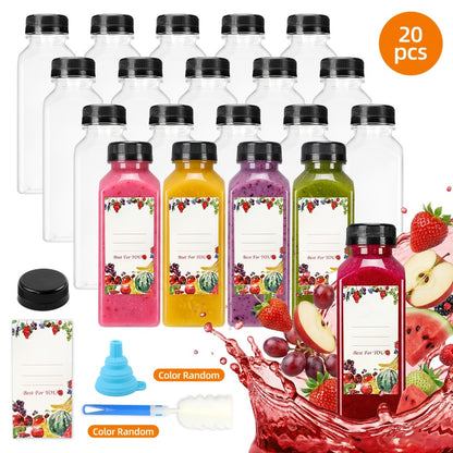 Plastic Juice Bottles with Lids - Clear Reusable Drink Containers for Juice Smoothies Water and Beverages, Available in 12oz and 16oz in Sets of 20, 36, 56 or 100, Includes Funnel and Cleaning Brush
