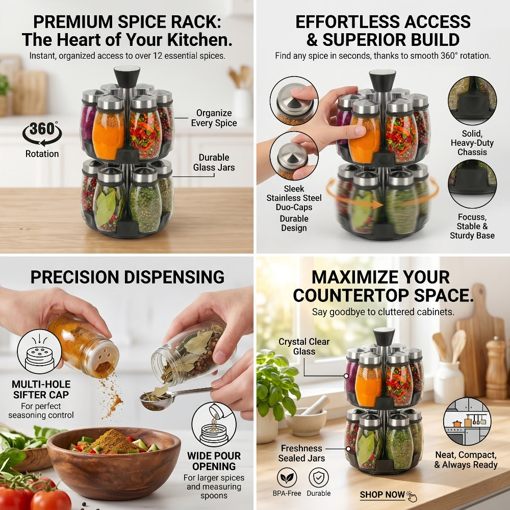 Glass Spice Jar Set with Rotating Rack – Airtight Kitchen Spice Organizer with 360° Stainless Steel Stand – Food Grade Glass Seasoning Bottles for Pantry, Cabinet & Countertop Storage – 6 or 12 Piece