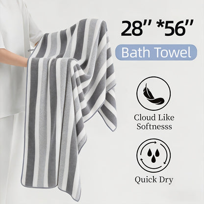 Striped Bath Towel Set 1 or 4 Pack 346GSM - 100% Polyester Super Soft Skin Friendly Absorbent Quick Dry | 70x140cm 27.6x55.1in | Green Gray Red Multi-Color | Home Bathroom Beach Essentials