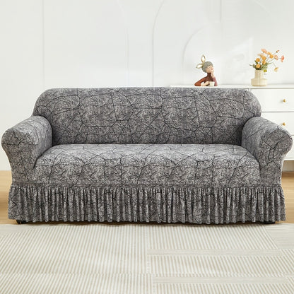 Printed Elastic Skirt Sofa Cover Modern Hem Design Stretch Sofa Slipcover Protective Furniture Cover for Living Room Single 2 3 4 Seater Machine Washable