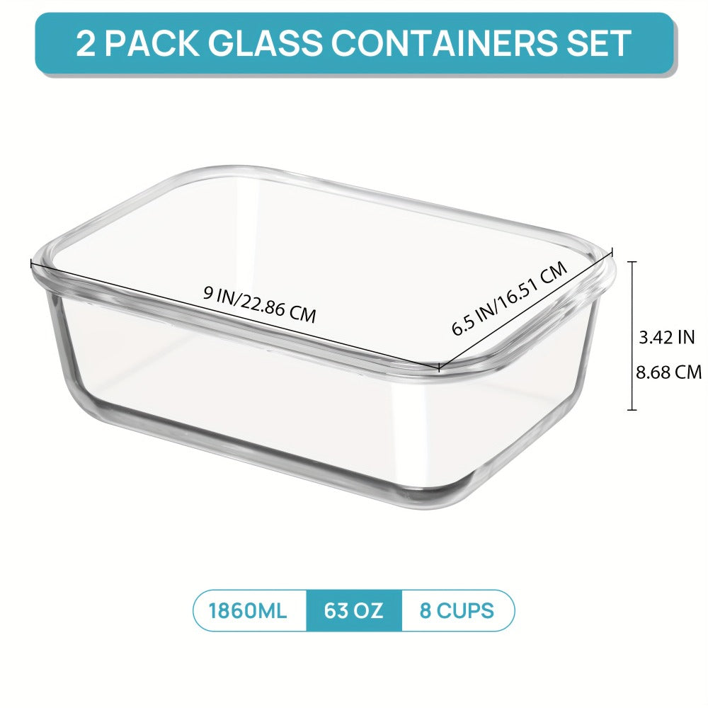Borosilicate Glass Food Storage Containers 2-Pack 63oz 1860ml Large Airtight Snap Lid Meal Prep Baking Dish Microwave Oven Freezer Dishwasher Safe Green Gray