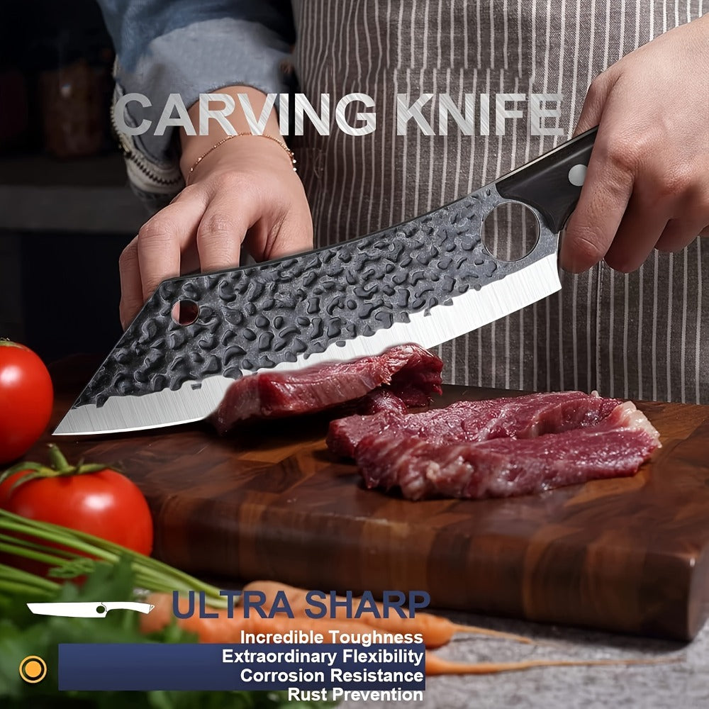 Butcher Knife 8 Inch Hand Forged High Carbon Steel Cleaver – Meat & Vegetable Chopping Knife with Finger Hole, Wooden Handle