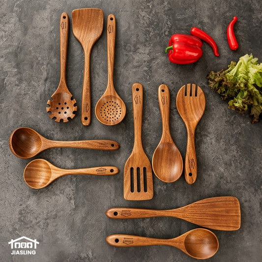 Wooden Spoons for Cooking 10 Pcs – Teak Wood Kitchen Utensils Set, Non-Stick Safe Spatulas & Spoon Cooking Tools