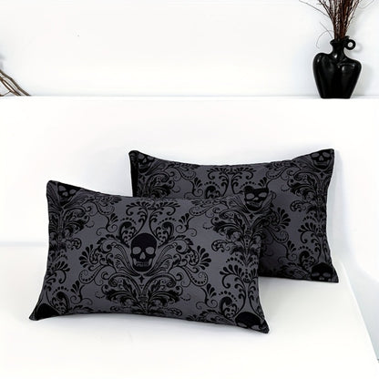 Gothic Skull Fitted Sheet Set 3-Piece – Victorian Baroque Halloween Bedding | 1 Deep Pocket Fitted Sheet + 2 Pillowcases | Machine Washable Hypoallergenic Polyester | Twin Full Queen King
