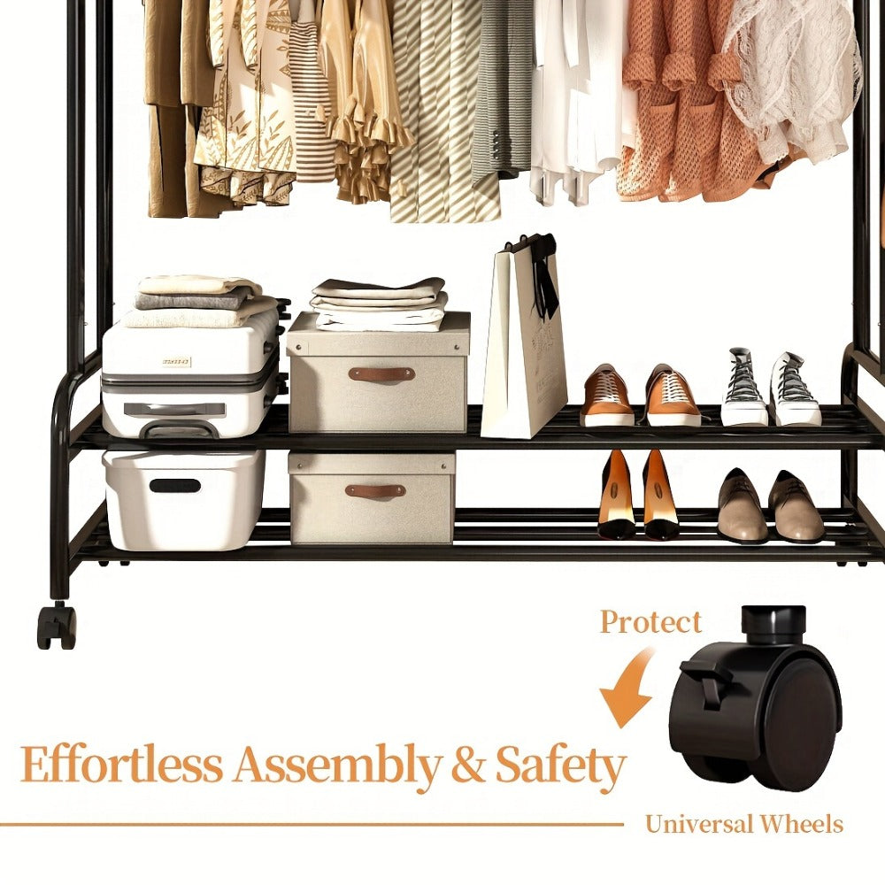 Double Rod Clothes Rack with Wheels Metal Heavy Duty Garment Rack with Shelves and Hooks Portable Closet Organizer for Bedroom Living Room Gold