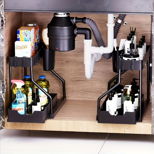 Under Sink Organizer 2-Tier Sliding Cabinet Basket with Hooks – Adjustable Bathroom Kitchen Shelf Storage Rack for Cabinets
