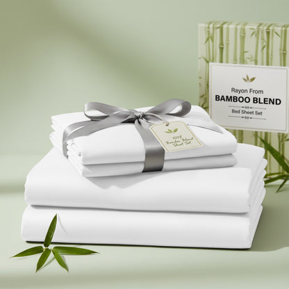 Bamboo Blend Bed Sheet Set 4 Piece 30% Bamboo Viscose 70% Polyester Cooling Deep Pocket 16 Inch Wrinkle-Resistant Moisture-Wicking Twin Full Queen King Cal King