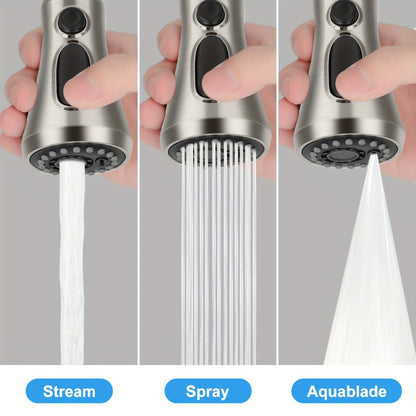 Kitchen Faucet Sprayer Head 3 Function Pull Down Replacement with 9 Adapter Kit Stream Spray Aquablade for Moen American Standard Pull Out Sink Nozzle Brushed Nickel ABS G1/2