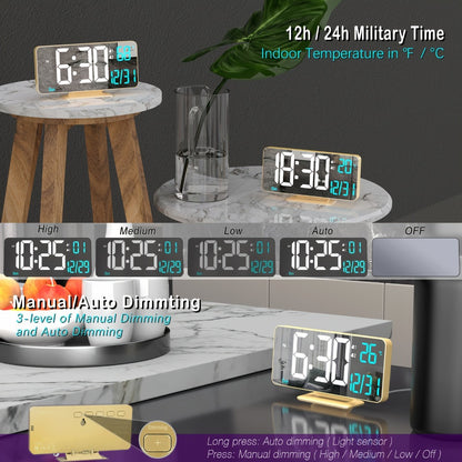 Large Digital Alarm Clock 6.7" with Dual Alarm & Dimmable LED Display – USB Powered Desk Clock with Temperature, Date & Day of Week | Modern Golden Bedside Clock for Bedroom, Living Room & Office