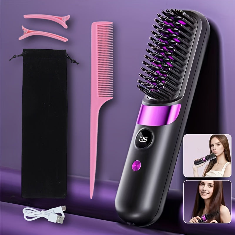 Wireless Hair Straightener Comb USB Rechargeable | Cordless Straightening Brush with Negative Ion, 3-Speed Temp Control, LED Display – Travel Hair Styler
