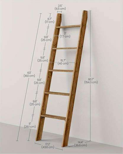 Blanket Ladder Shelf 5-Tier Freestanding Wood Ladder Rack for Blankets Towels Books Decor, Modern Farmhouse Ladder Shelf Wall Leaning Storage Organizer for Living Room Bedroom, 4 Colors