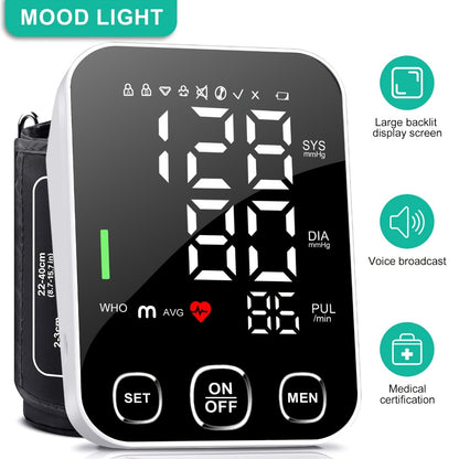 Blood Pressure Monitor Automatic Upper Arm – Large Cuff, 4.5" Backlit Screen, 2×99 Memory, Voice Broadcast, One-Touch BP Machine for Home Use