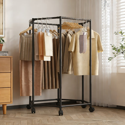 Hexagonal Clothes Drying Rack Freestanding Rotating Metal Garment Rack with Wheels Multiple Rods Space Saving Coat Rack for Bedroom Dorm Balcony Laundry