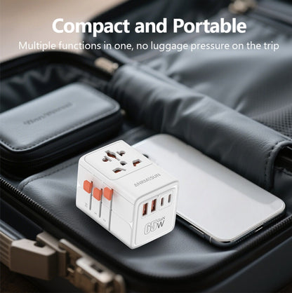 65W Universal Travel Adapter with 4 USB Ports - 2 USB-C & 2 USB-A Fast Charging, US EU UK AU Plugs, 100-240V Input, Overload & Short Circuit Protection, 200+ Countries, White & Black