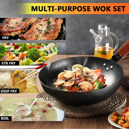 Carbon Steel Wok Set with Lid & Accessories – 14-Piece Non-Stick Stir Fry Pan 12.6" for Gas Electric Induction All Stoves | Wok Pan with Spatula Brush Ring Utensils Kitchen Cooking Set