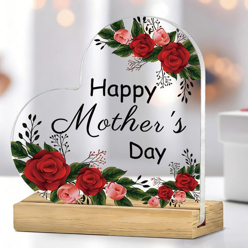 Mother's Day Heart-Shaped Acrylic Sign with Wooden Base | Floral Desktop Ornament for Home Living Room Bedroom | Heartwarming Mom Gift for Mother's Day Celebration Table Decor