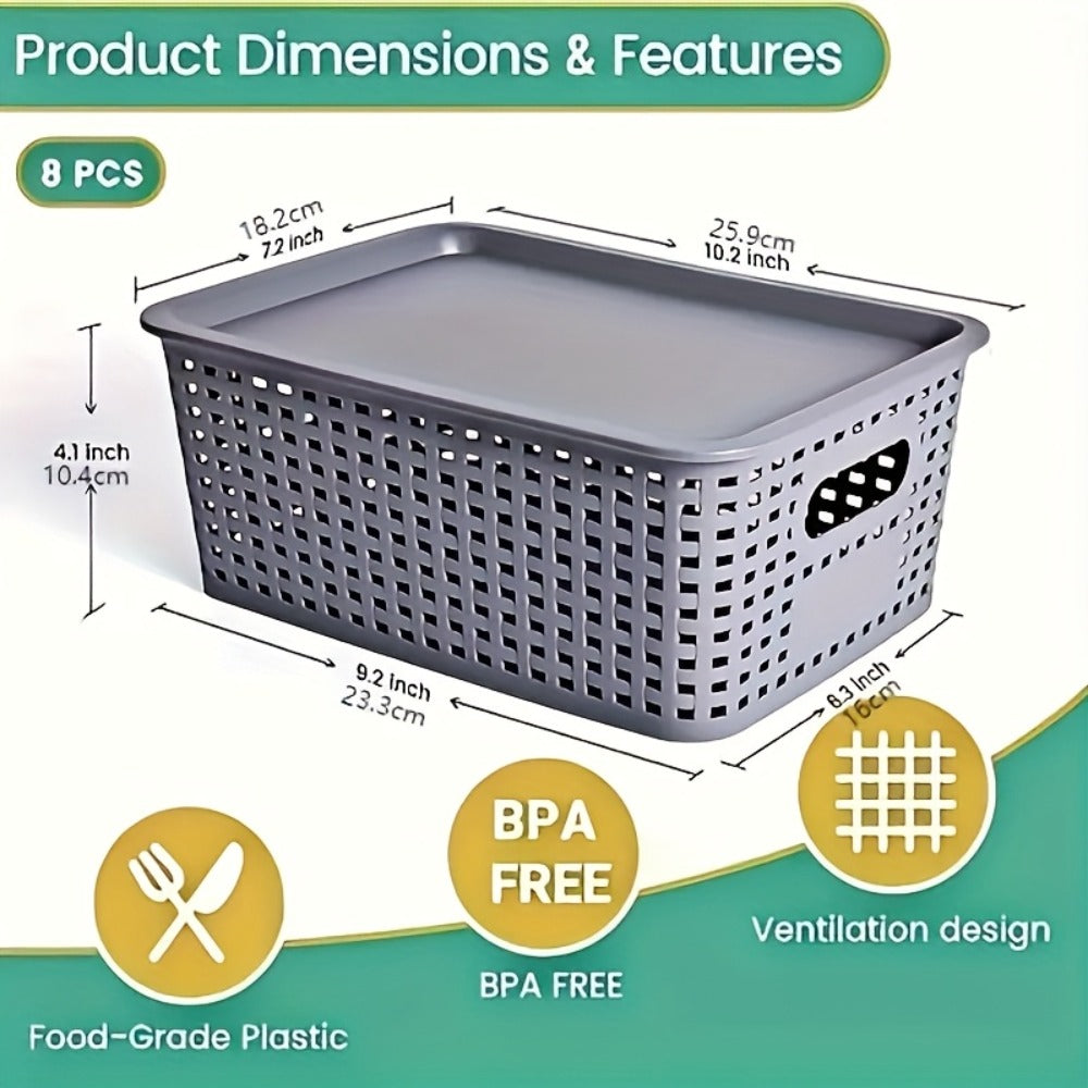 Storage Basket Set with Lids 8pcs – Plastic Desktop Organizer Bins for Document Storage, Shelf Organization & Home Office – Flip-Top Lid Baskets, White