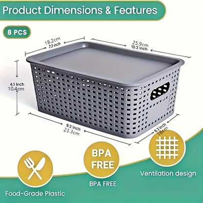 Storage Basket Set with Lids 8pcs – Plastic Desktop Organizer Bins for Document Storage, Shelf Organization & Home Office – Flip-Top Lid Baskets, White