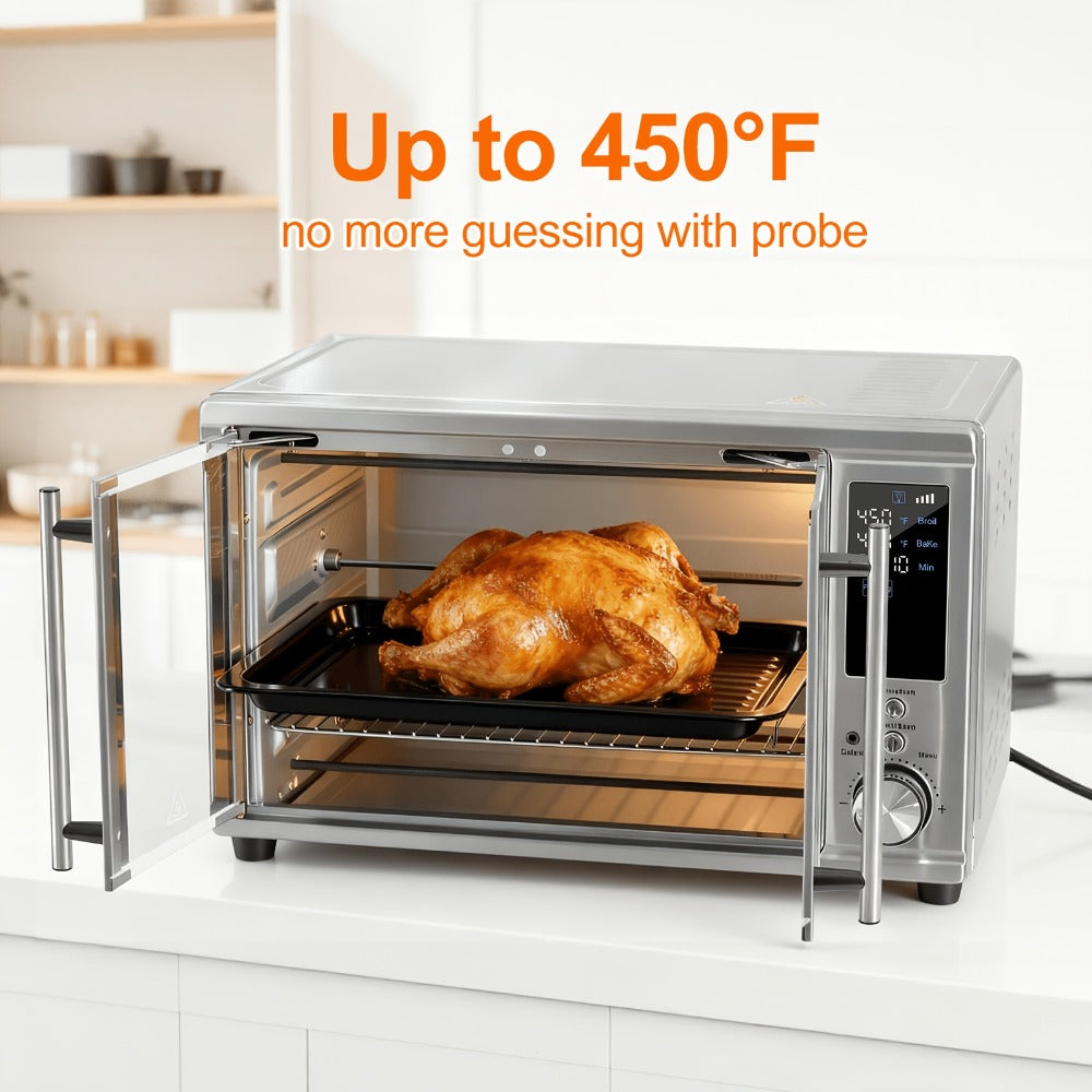 Air Fryer Toaster Oven Combo 29.6QT XL with Smart Probe, 12-in-1 Digital Countertop Oven, Stainless Steel, 7 Accessories, Rotisserie, 450°F Rapid Heat, Large Family Size