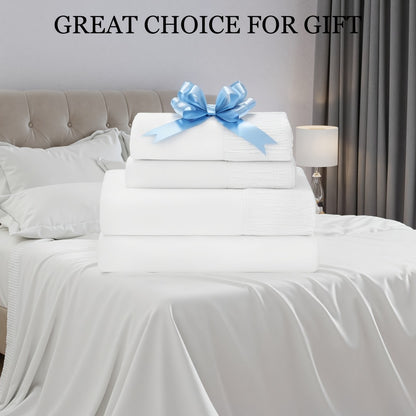 Bed Sheet Set 4-Piece Soft Breathable Cooling Sheets - Flat Sheet, Fitted Sheet & 2 Pillowcases, Wrinkle-Free Hotel Luxury Bedding, All Season Comfort