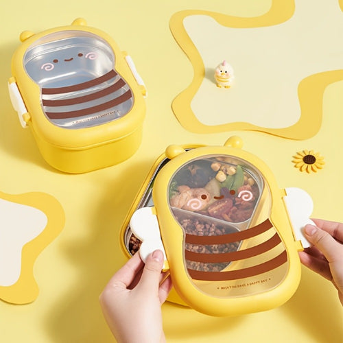 Cute Bee Lunch Box Stainless Steel – 304 Food Grade 2-Compartment Bento Box with Bee-Themed Lid for Kids, School, Office & Picnic – Lightweight Leakproof Lunchbox Gift