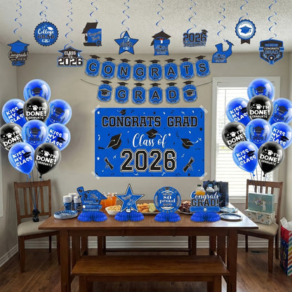 2026 Graduation Decorations Set – Congrats Grad Banner, Backdrop, Hanging Swirls & Honeycomb Table Toppers, Class of 2026 Party Supplies Kit