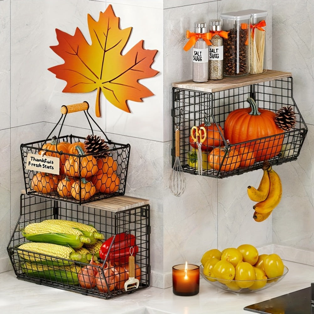 Stackable Metal Wire Fruit Basket with Lid – 1 or 2-Tier Hanging Kitchen Pantry Storage Bin, Wall-Mounted or Countertop Vegetable Organizer for Potato, Onion & Produce, Black