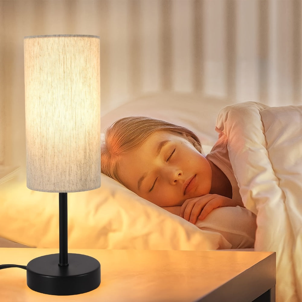 Small Bedside Table Lamp Set of 2 – Linen Shade Nightstand Lamp with Cord Switch, 5W LED Bulb Included, Compact Desk Light for Bedroom Living Room Children's Room Office Dorm (Black / Beige Black)