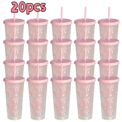 Reusable Party Cups 24 oz with Lids Straws and Dust Covers - BPA Free PP Plastic Tumblers Bulk Set 10 or 20 Pack for Parties Camping Office Gifts Pink Blue