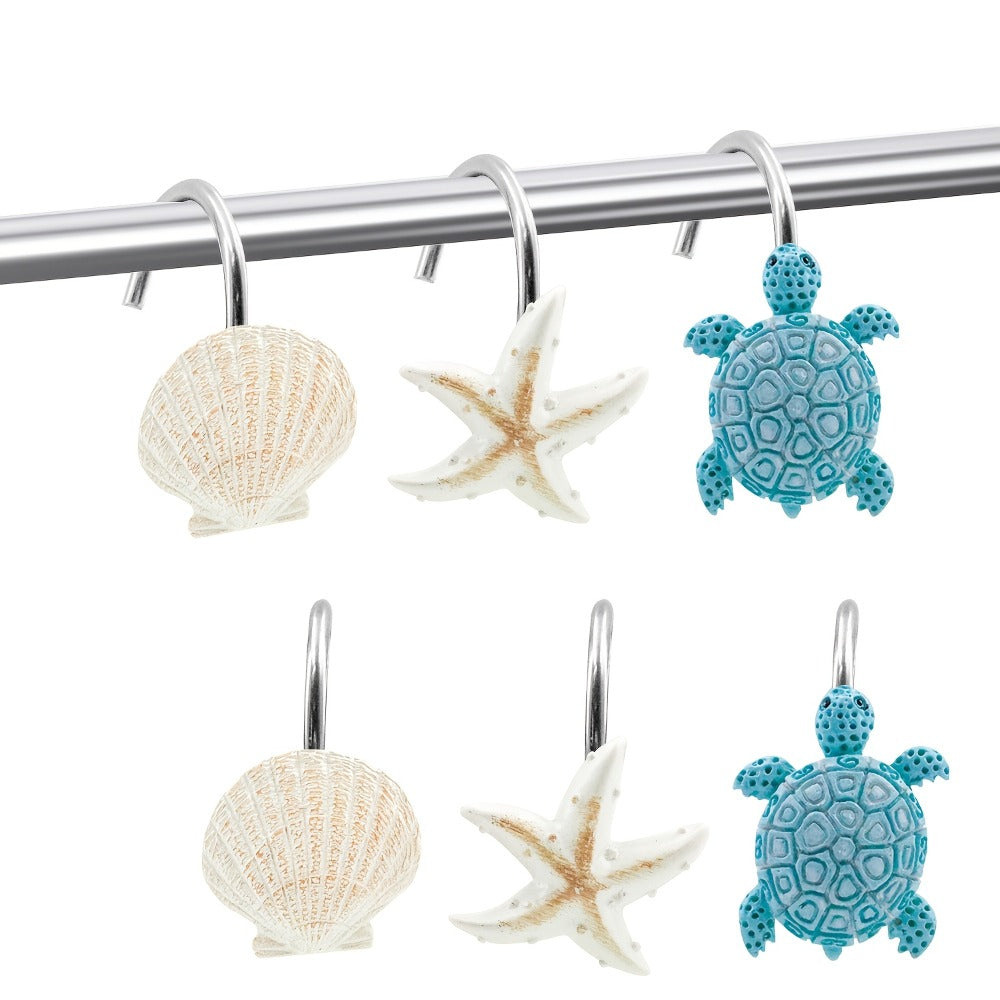12pcs Resin Marine Shower Curtain Hooks – Blue Turtle & Starfish Shell Decorative Bathroom Curtain Ring Hangers Home Decor Accessories