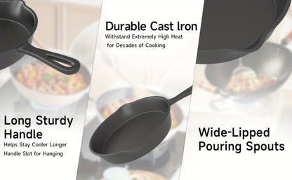 Cast Iron Skillet Set 3pcs - Non-Stick with Drip Spout, Pre-Seasoned Cookware for Holiday Cooking RV Campfire Outdoor Grilling, Heavy Duty Kitchen Frying Pan Set