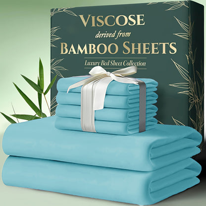 Cooling Bamboo Bed Sheet Set 6pcs Ultra Soft Deep Pocket 17 Inch Double Stitching Breathable Sheets for Hot Sleepers Twin Full Queen King
