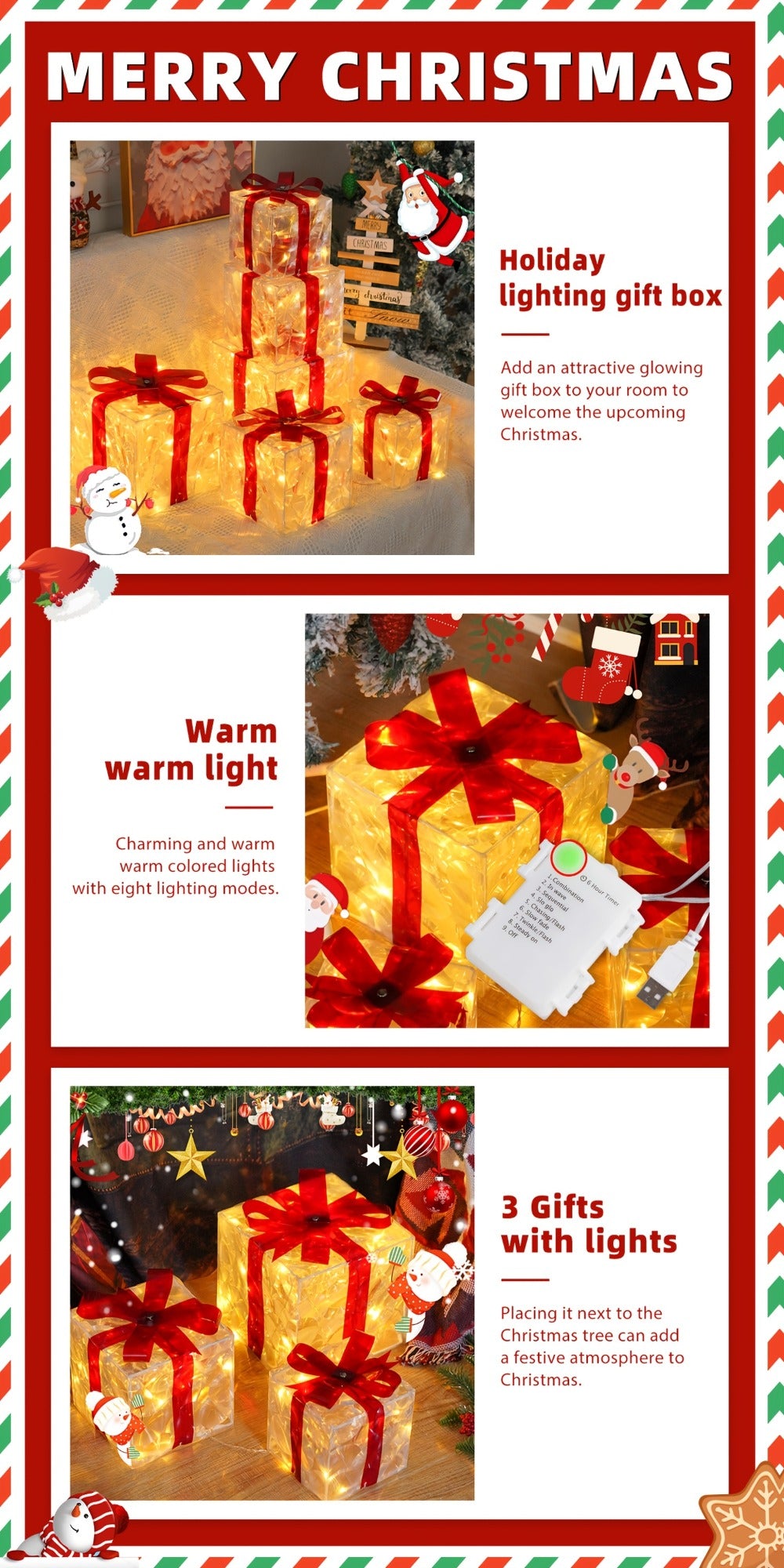 Christmas Light-Up Gift Boxes Set of 3 – USB & Battery LED Warm White Lighted Decorations with Timer, 8 Lighting Modes, Red Bow, Indoor Outdoor Holiday Home Decor