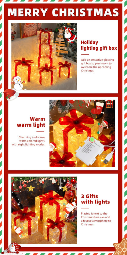 Christmas Light-Up Gift Boxes Set of 3 – USB & Battery LED Warm White Lighted Decorations with Timer, 8 Lighting Modes, Red Bow, Indoor Outdoor Holiday Home Decor