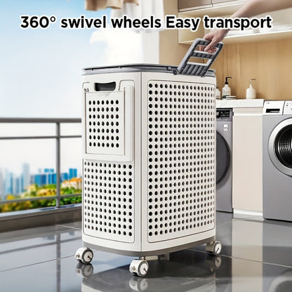 Wheeled Laundry Hamper Large Foldable with Dividers & Dust-Proof Lid – 360° Breathable Mesh Basket on Wheels, Reinforced Steel Base, Portable Clothes Organizer for Bedroom, Bathroom & Dorm