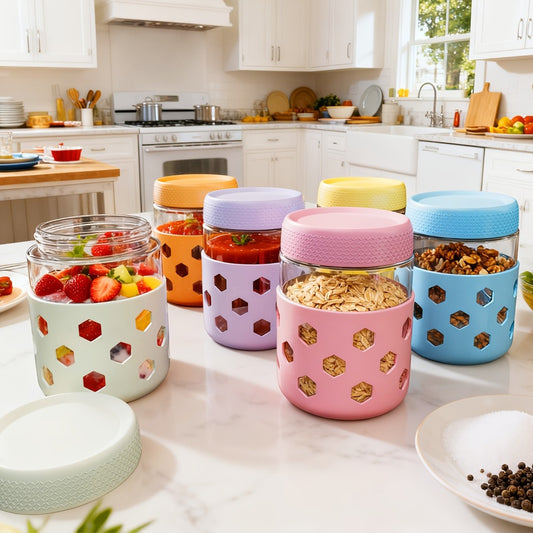 Glass Airtight Jars 6 Pack 16oz - Moisture Proof Food Storage Containers with Screw Top Lids and Silicone Sleeves for Tea Grains Nuts Snacks and Yogurt, Clear Round Glass Canisters for Kitchen Pantry Counter Organization