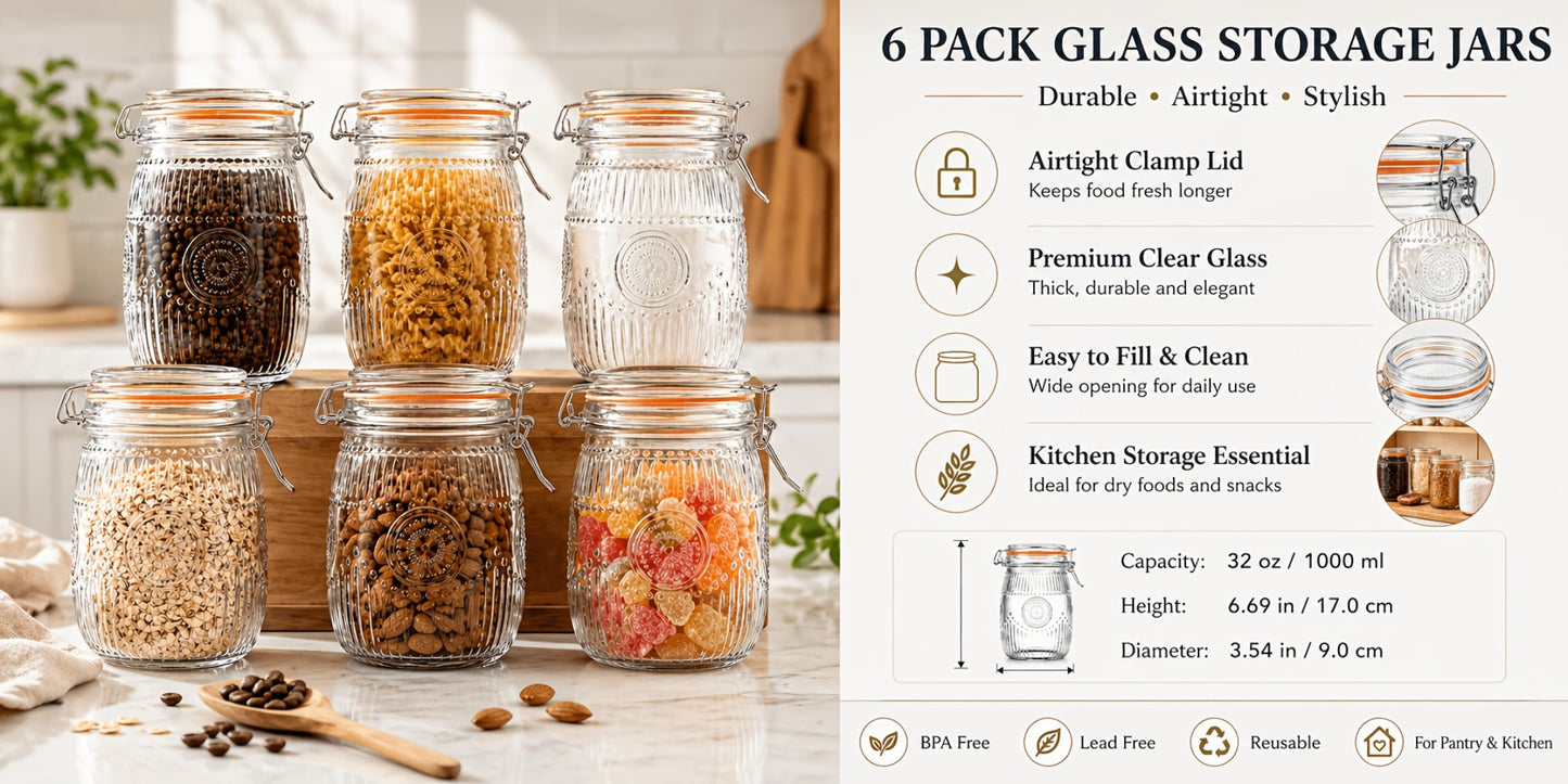 Mason Jars 6 Pack 32oz Wide Mouth Airtight Glass Canister Set with Hinged Lids Vintage Sunflower Pattern Kitchen Storage Jars for Coffee Sugar Beans Spices Dry Goods Pantry Organization