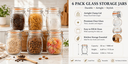 Mason Jars 6 Pack 32oz Wide Mouth Airtight Glass Canister Set with Hinged Lids Vintage Sunflower Pattern Kitchen Storage Jars for Coffee Sugar Beans Spices Dry Goods Pantry Organization