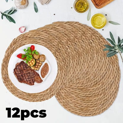 12pcs Rattan Placemats Natural Wicker Round Table Mats Heat-Resistant Non-Slip 11.8" Kitchen Dining Decor Bohemian