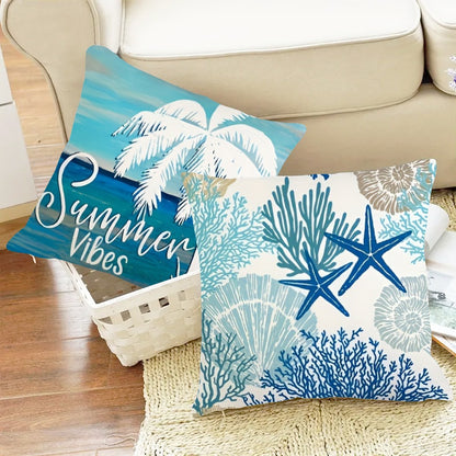 4pcs Ocean Beach Coastal Throw Pillow Covers 18x18in - Marine Life Shells Starfish Seahorse Turtle Decorative Pillowcase Set with Zipper Machine Washable for Summer Home Decor