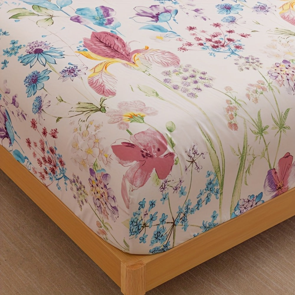 Floral Bedding Set 4-Piece – 1 Fitted Sheet + 1 Flat Sheet + 2 Pillowcases | Soft Breathable Polyester | All-Season Flower Print Bed Sheet Set | Machine Washable | Twin Full Queen King