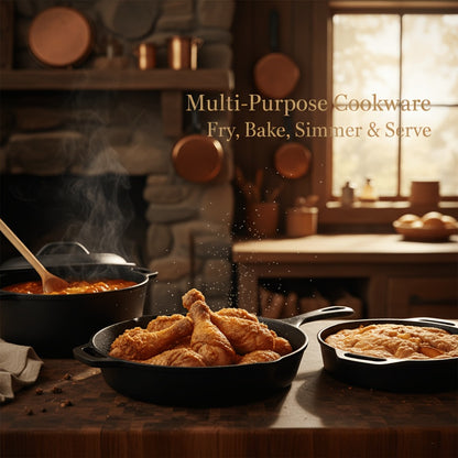 Cast Iron Cookware Set for Kitchen Camping BBQ - Non-Stick Skillet Dutch Pot Frying Pan Baking Tray Griddle Options, Oven Safe Stovetop Campfire Cookware for Home RV Holiday Cooking Multiple Set Choices